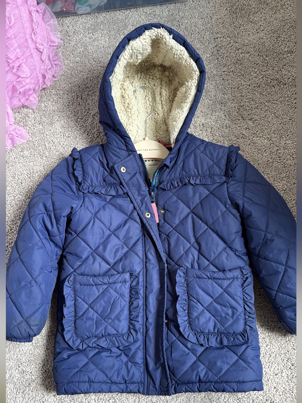 Mini Boden 5/6 Navy Quilted Hooded Girls Coat with Faux Sherpa Lining